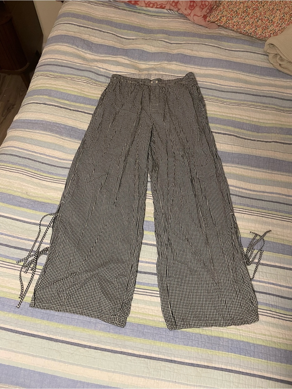 aerie Black & White Gingham Wide-Leg Tie-Hem Pants